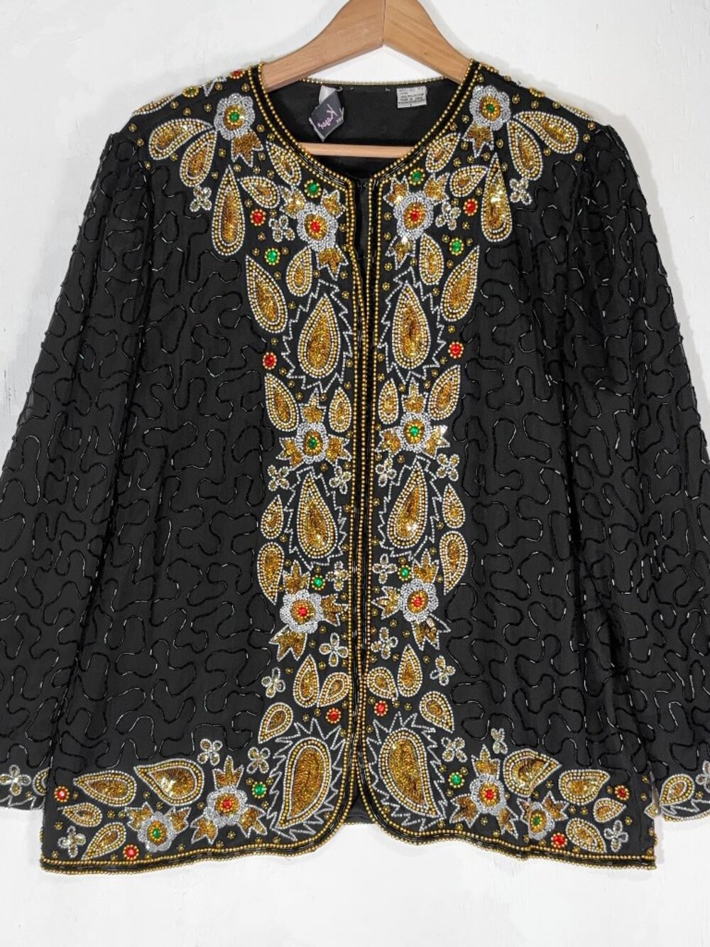 VTG Laurence Kazar Silk Beaded Sequin Floral Crop Jacket Sz L Evening Maximalist